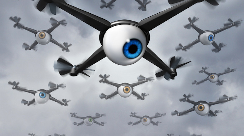 Drone privacy concerns social issues concept as a group of spy drones with human eye balls collecting private information in a reconnaissance and surveilliance mission.